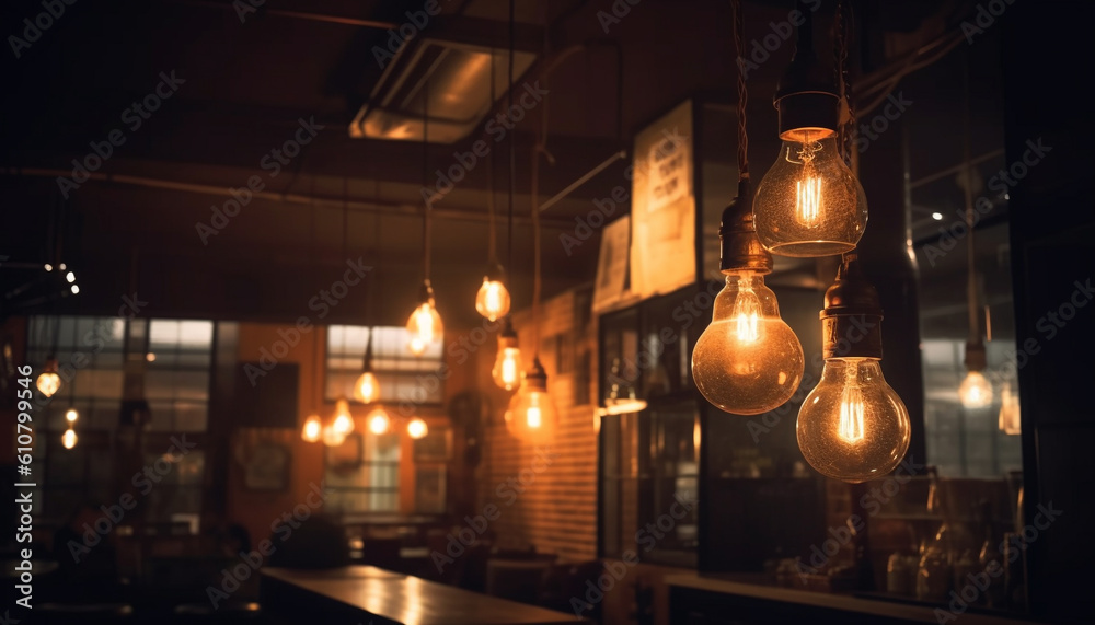 Brightly lit modern loft apartment with illuminated light bulb hanging from ceiling generated by AI