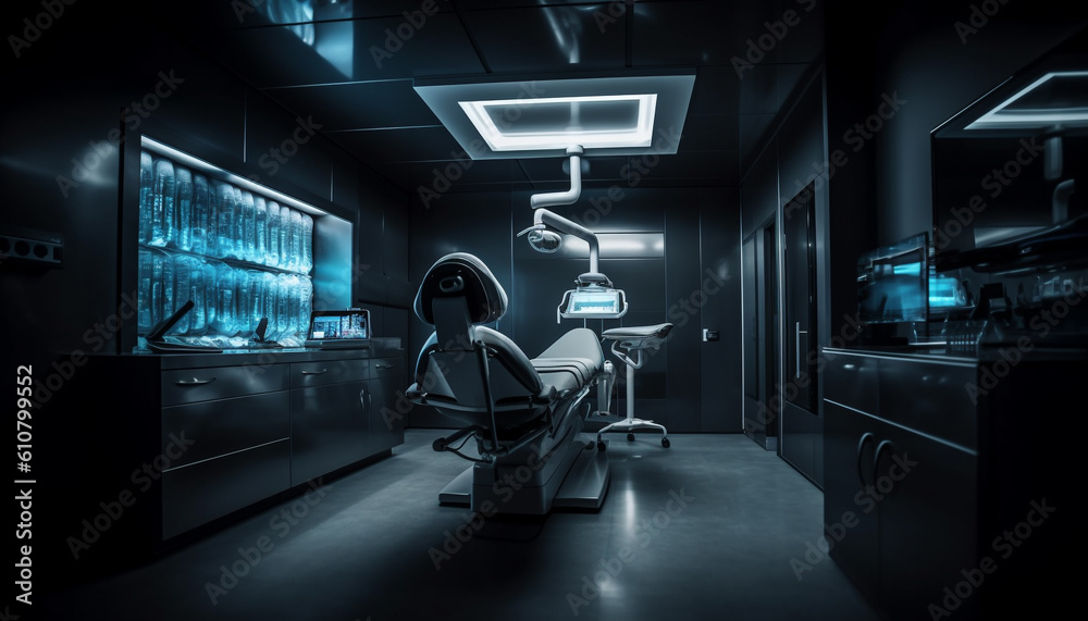 Modern robotic surgery equipment illuminates the empty hospital room generated by AI