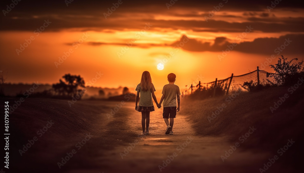 Family walks on beach at sunset, enjoying nature and togetherness generated by AI