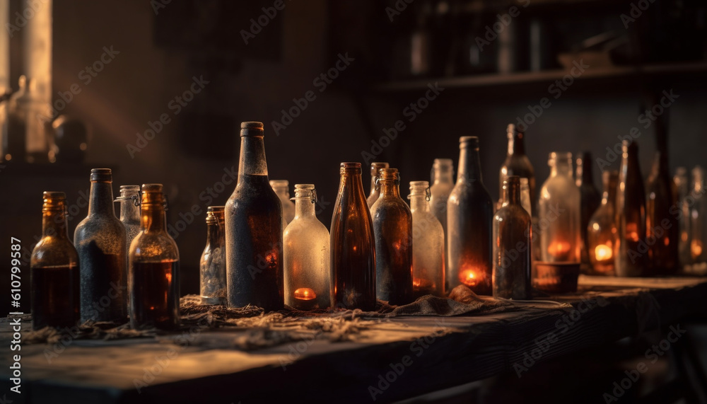 Dark wine bottle on old wooden table, burning candle glowing generated by AI