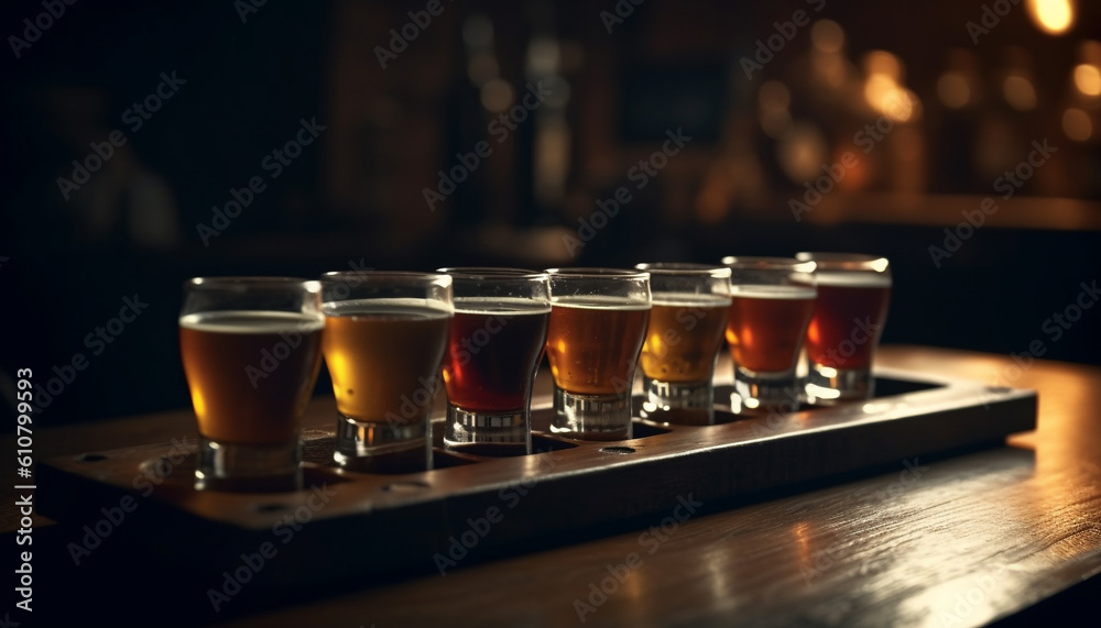 Dark bar counter reflects luxury whiskey cocktail, perfect for celebration generated by AI