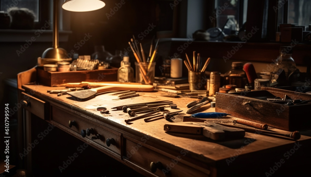 Carpenter workshop old fashioned tools, steel and wood, creative craftsmanship generated by AI