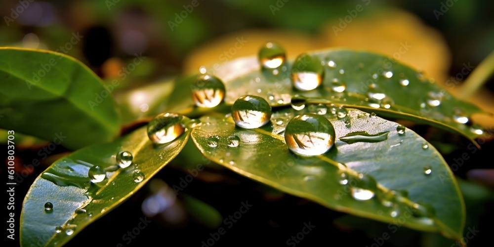 Serenading Raindrops A macro photograph capturing the beauty of raindrops delicately resting on leav