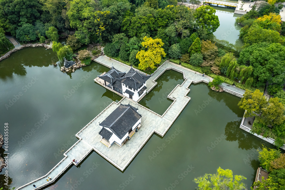 Aerial photograph of Chinese garden landscape in Yangzhou