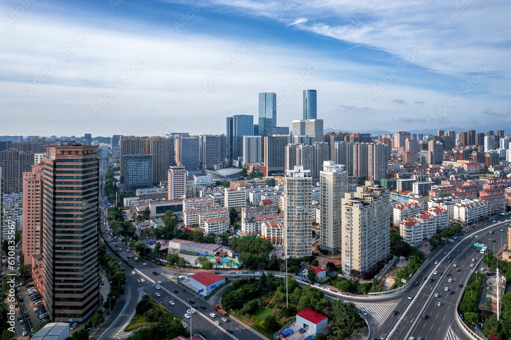 Aerial photo of urban landscape in Qingdao coastal bay area