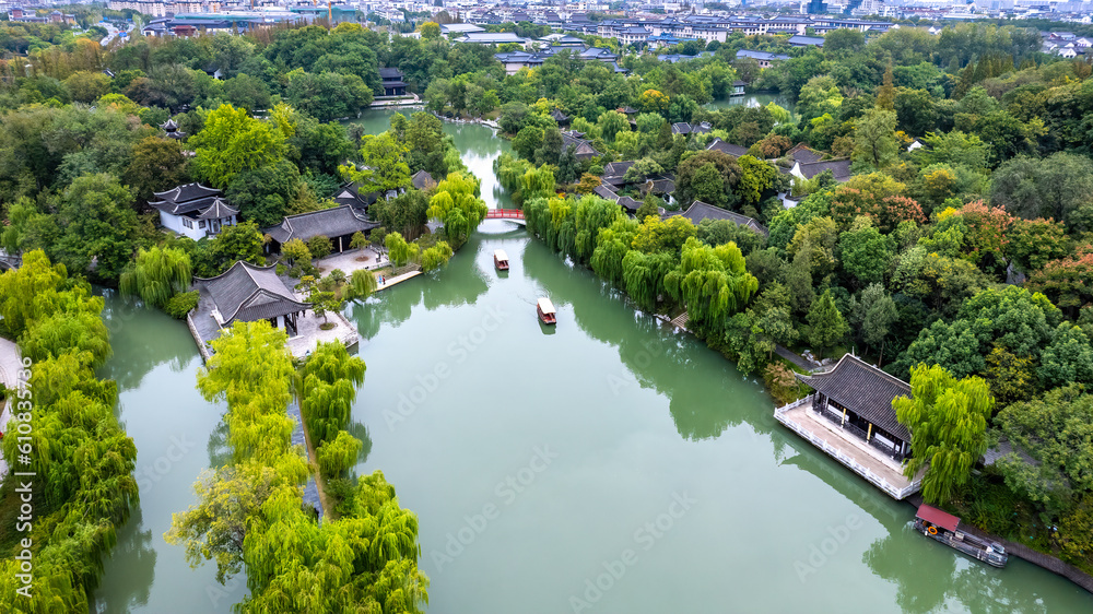 Aerial photograph of Chinese garden landscape in Yangzhou