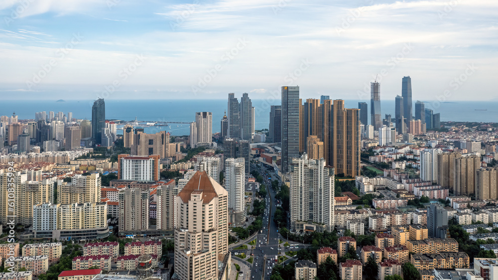 Aerial photo of urban landscape in Qingdao coastal bay area