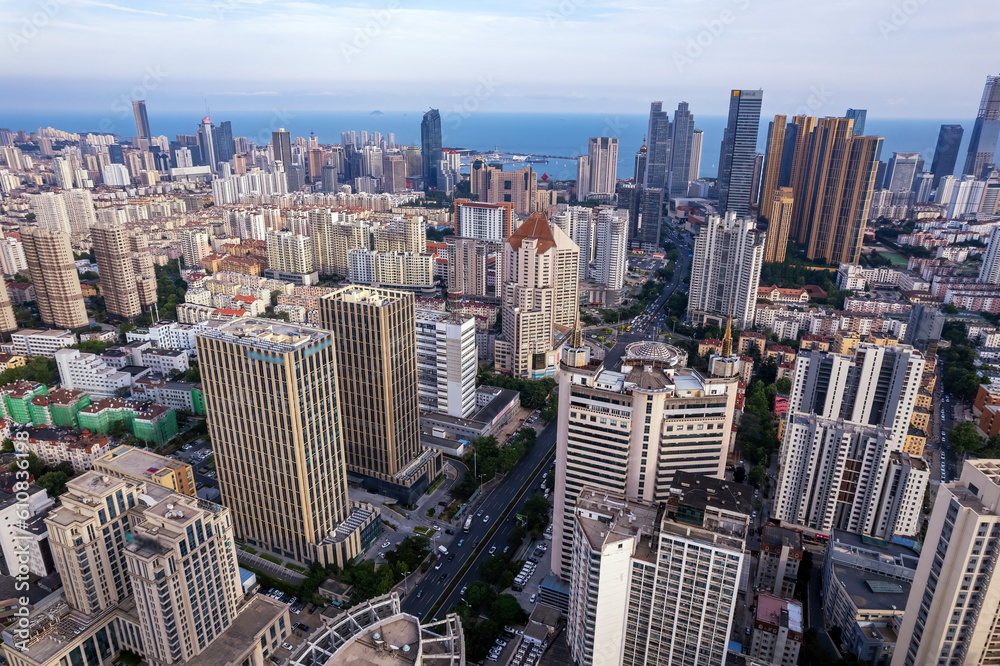 Aerial photo of urban landscape in Qingdao coastal bay area