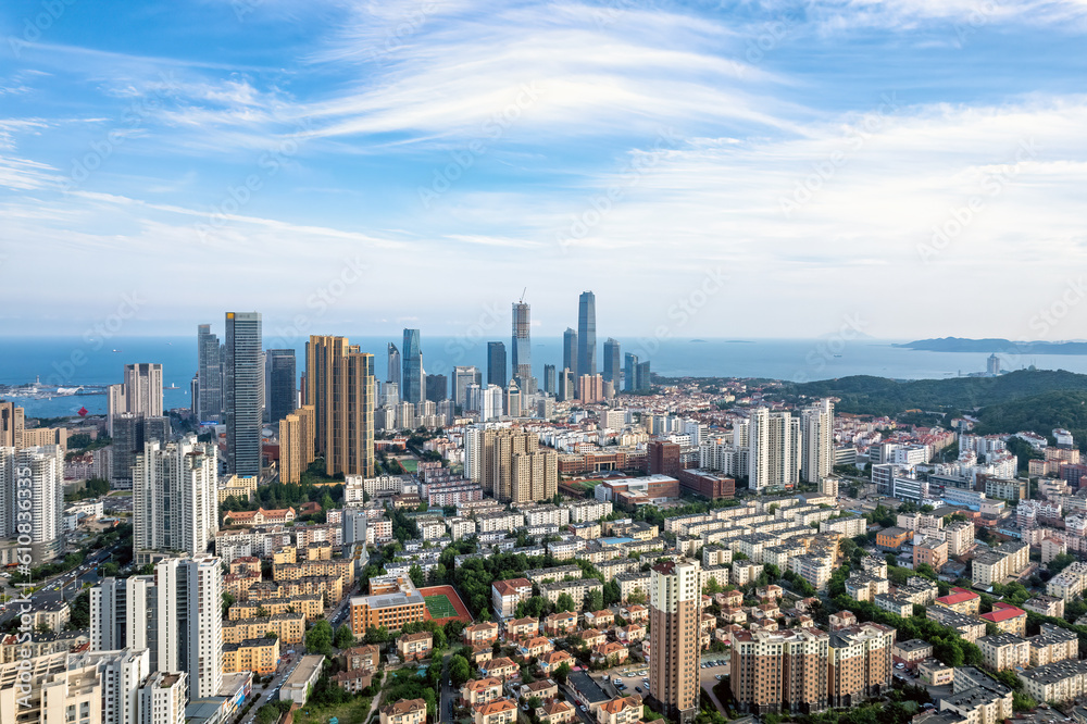 Aerial photo of urban landscape in Qingdao coastal bay area