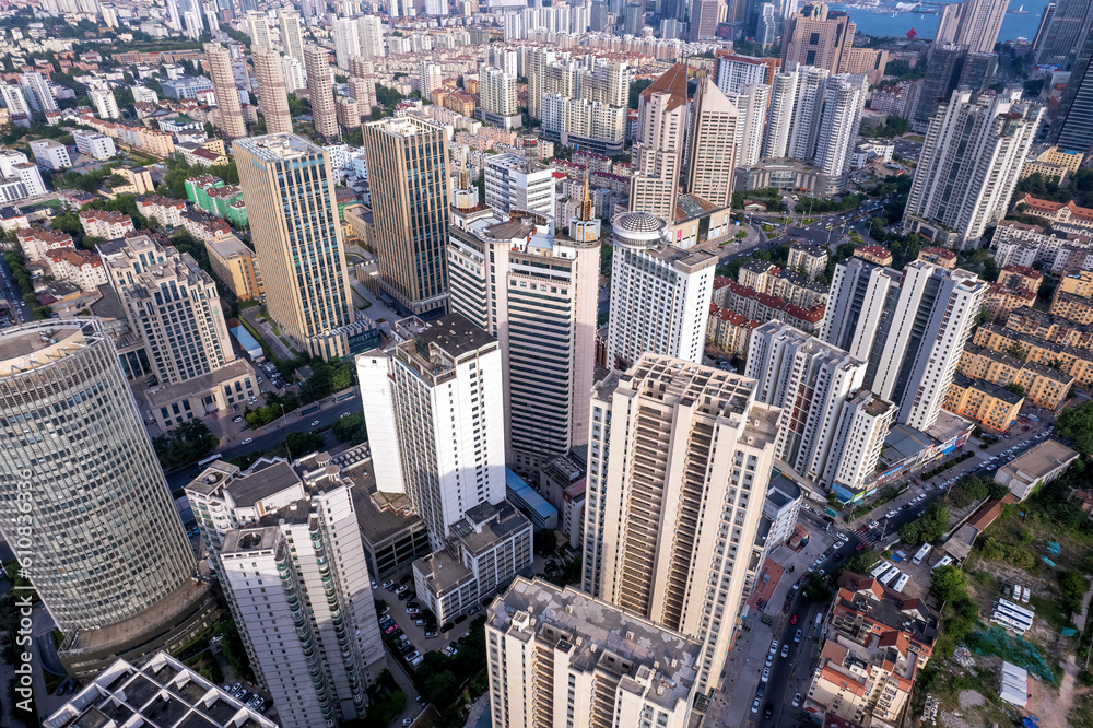 Aerial photo of urban landscape in Qingdao coastal bay area