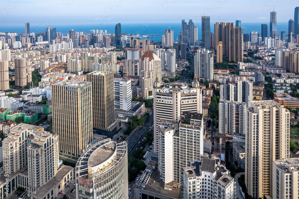 Aerial photo of urban landscape in Qingdao coastal bay area