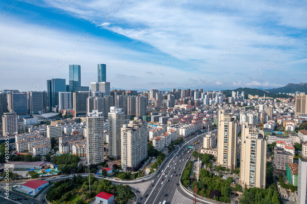 Aerial photo of urban landscape in Qingdao coastal bay area