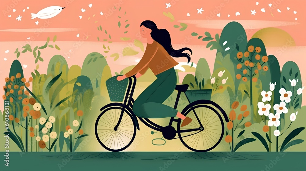 Eco-conscious lifestyle, featuring a woman riding a bike surrounded by floral elements.Eco-friendlin