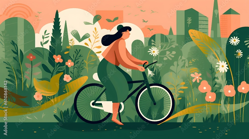 Eco-conscious lifestyle, featuring a woman riding a bike surrounded by floral elements.Eco-friendlin