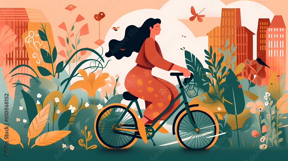 Eco-conscious lifestyle, featuring a woman riding a bike surrounded by floral elements.Eco-friendlin