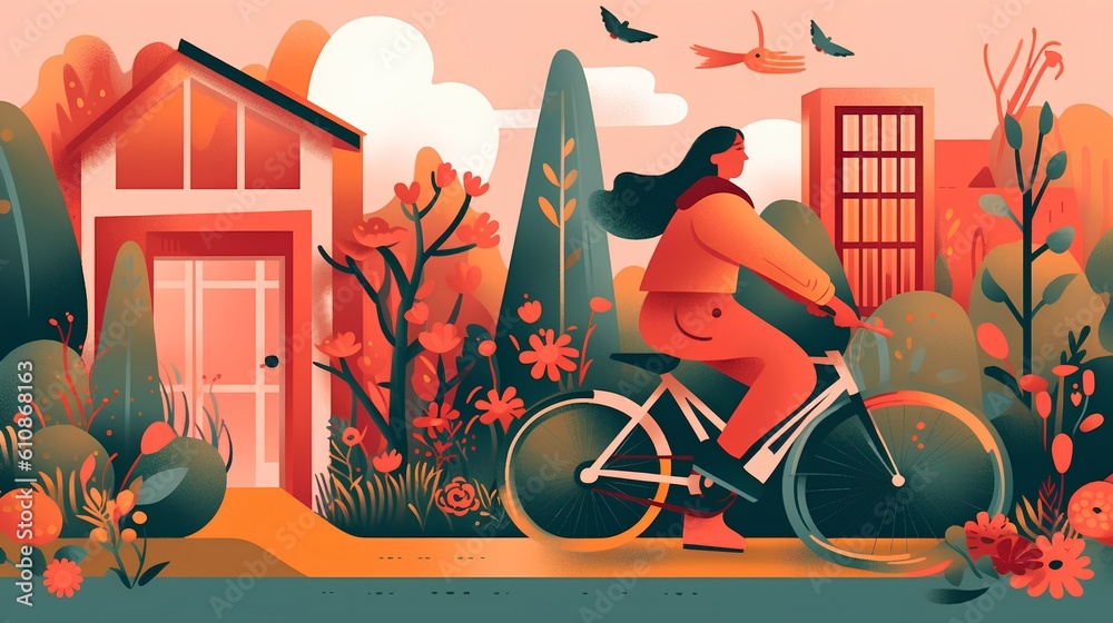 Eco-conscious lifestyle, featuring a woman riding a bike surrounded by floral elements.Eco-friendlin