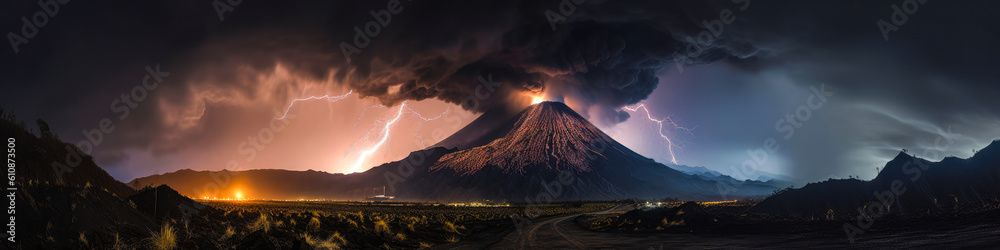 Spectacular simultaneous lightning storm and volcanic eruption, igniting the dark, ash-filled sky ab