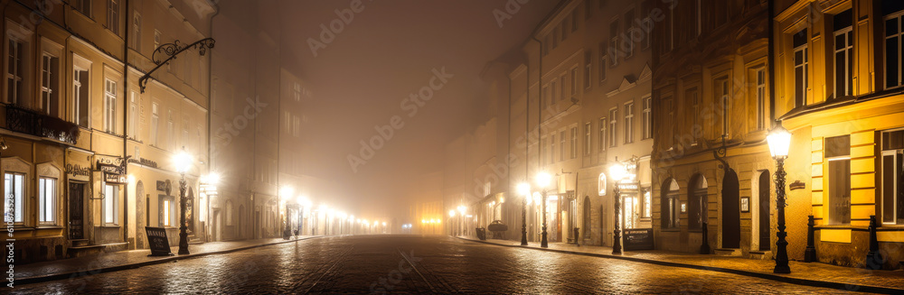 Captivating misty nocturnal cityscape, warm streetlight glow reflecting on wet cobblestone streets a