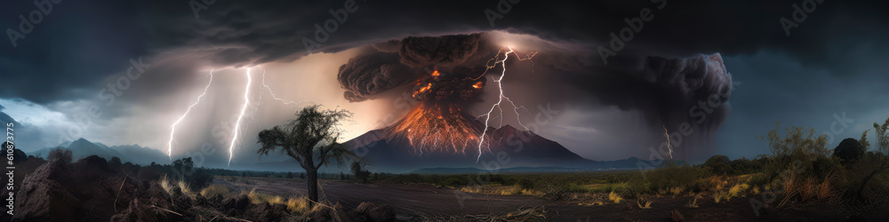 Stunning simultaneous lightning and volcanic eruption, lighting up the dark, ash-filled sky above an