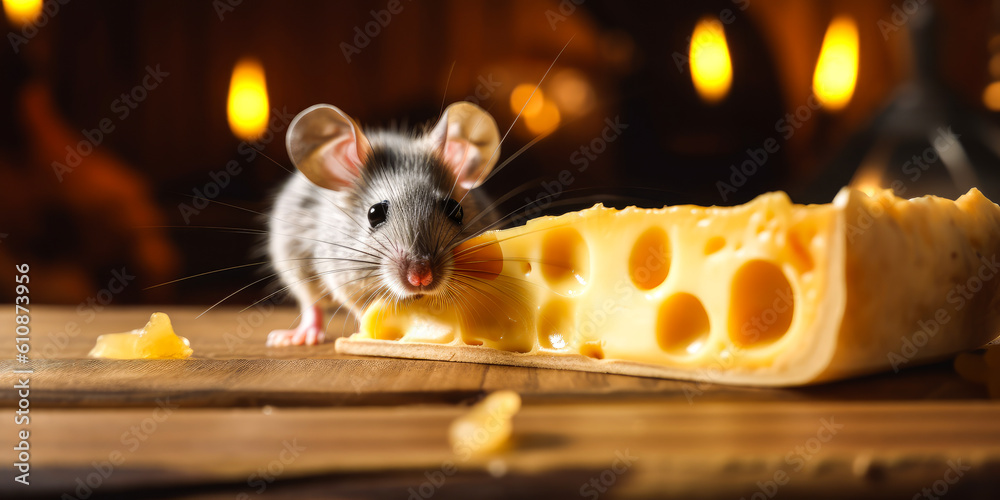 Charming mouse on a slice of Swiss cheese, elegantly placed on a wooden board. This heartwarming sce