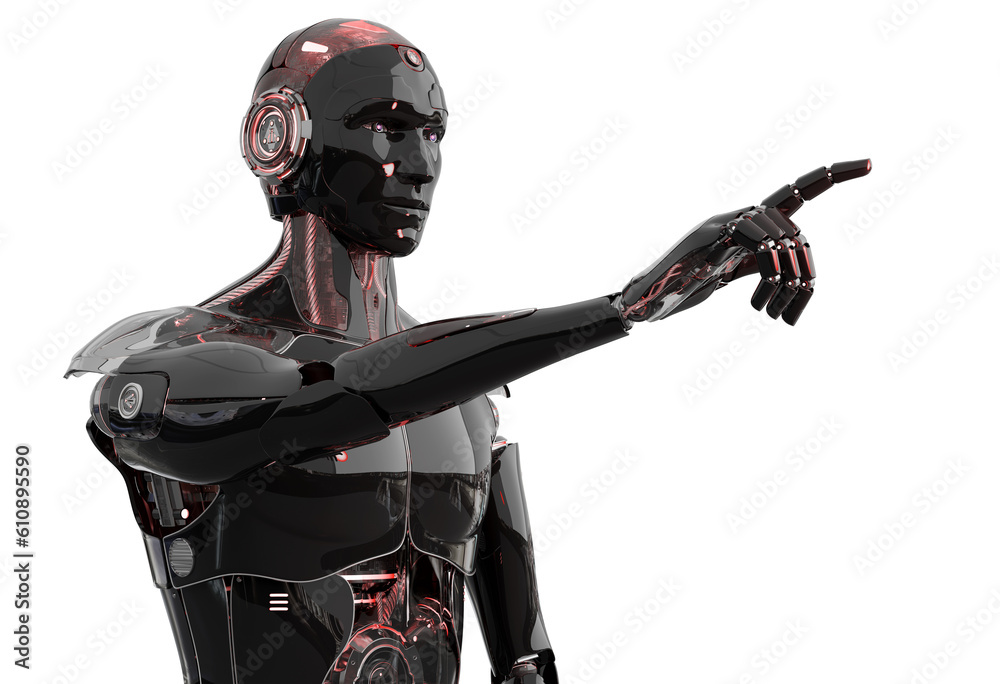 Isolated robot pointing finger. 3D rendering black and red cyborg in dark lighting. Humanoid cut out