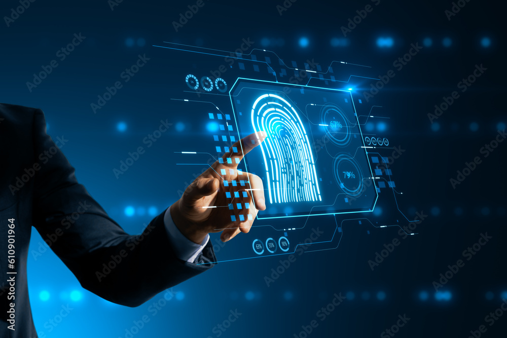 Hi tech protection, biometric identification and security scanning concept businessman hand on digit