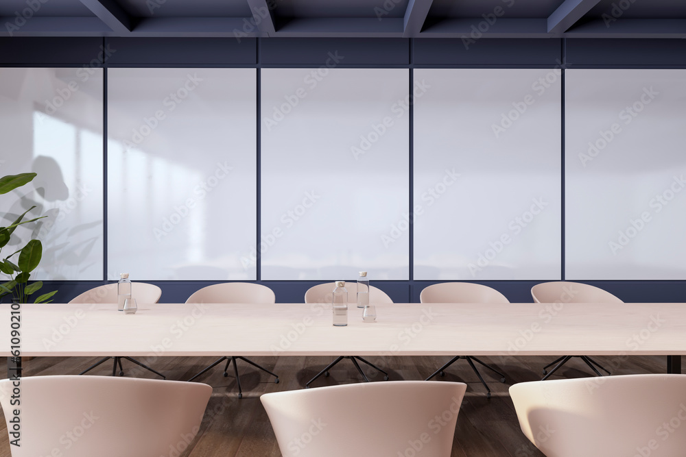 Modern conference room interior with mock up place, furniture, concrete wooden and window and city v