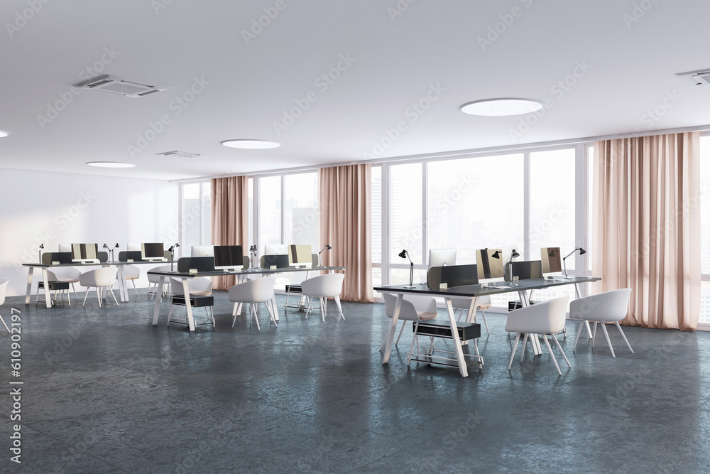 Perspective view of open space office coworking interior with comfortable workplaces, desks with com