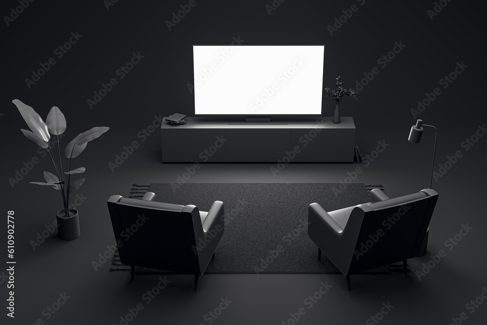 Blank white illuminated tv screen with space for your logo or text in dark living room in front of a