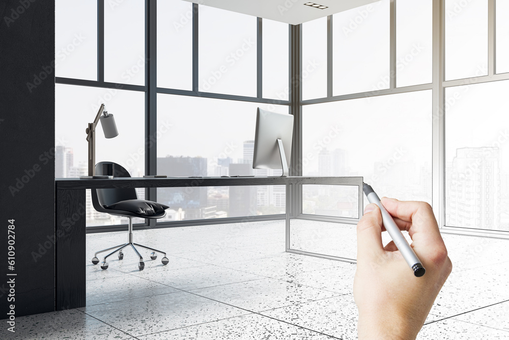 Hand drawn sketch of modern office interior with wooden flooring, equipment, furniture and panoramic