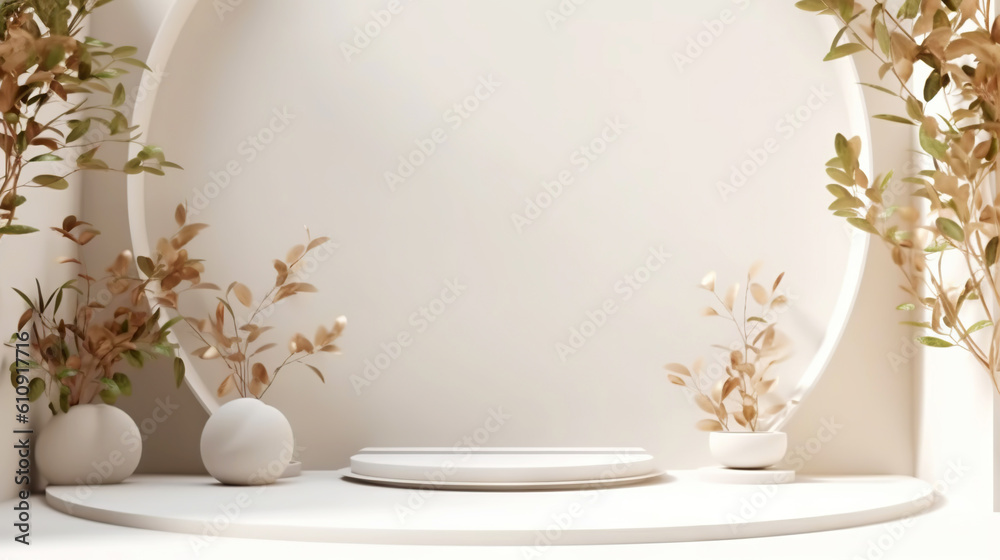 Podium with flowers on white background to display products, gift or cosmetics. Generative AI