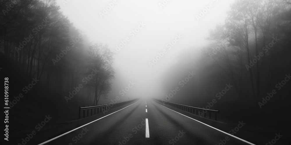 Misty empty road with trees on the side. Foggy highway. Mystery travel concept. Generative AI