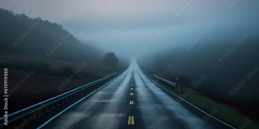 Misty empty road with trees on the side. Foggy highway. Mystery travel concept. Generative AI