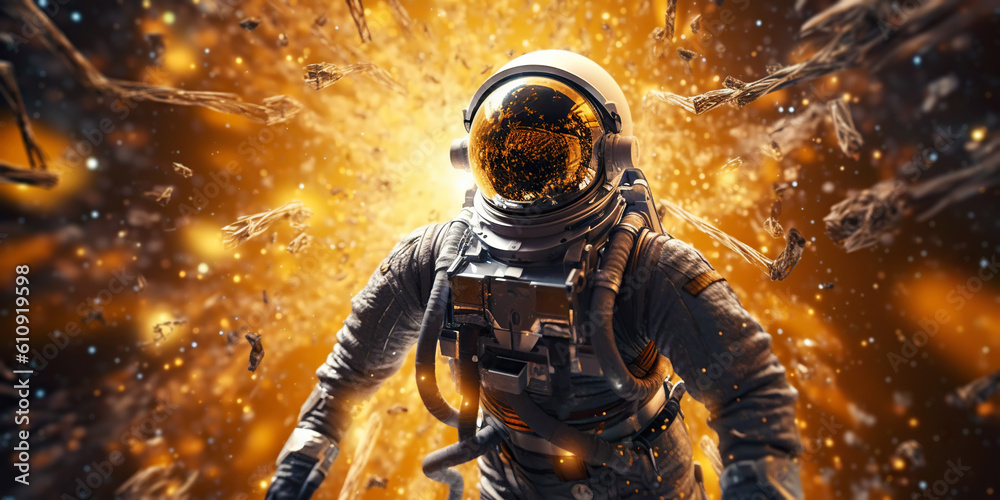 Portrait of astronaut floating in space with a asteroids, space rocks, burning sparks on backdrop. G