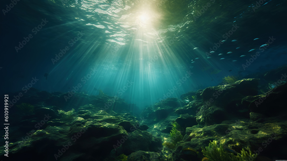 Underwater sunlight through the water surface seen from a rocky seabed with algae. Generative AI