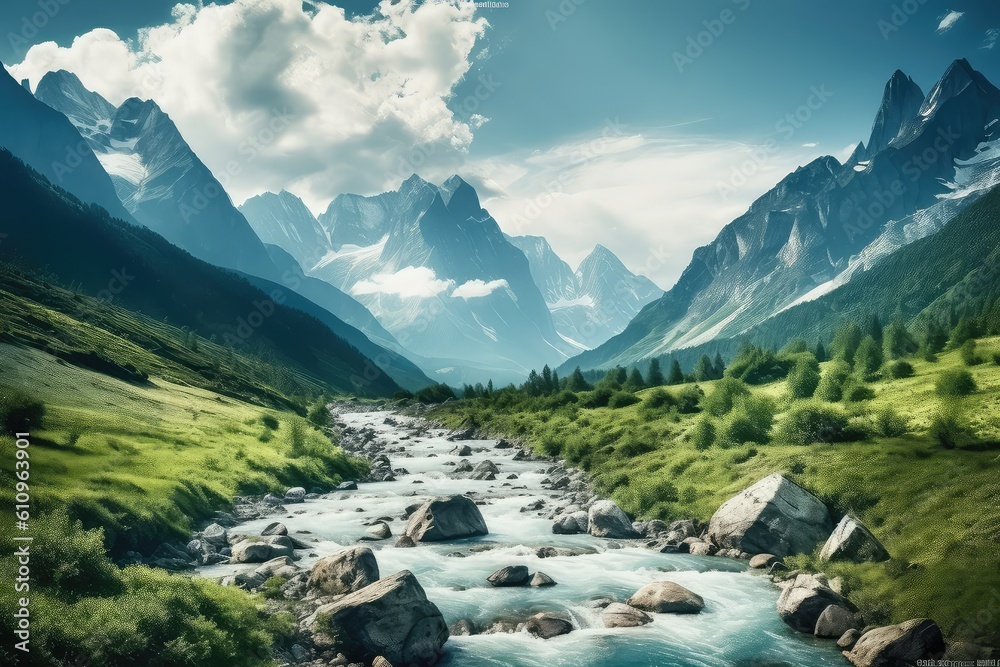 Mountain river photo realistic illustration - Generative AI.