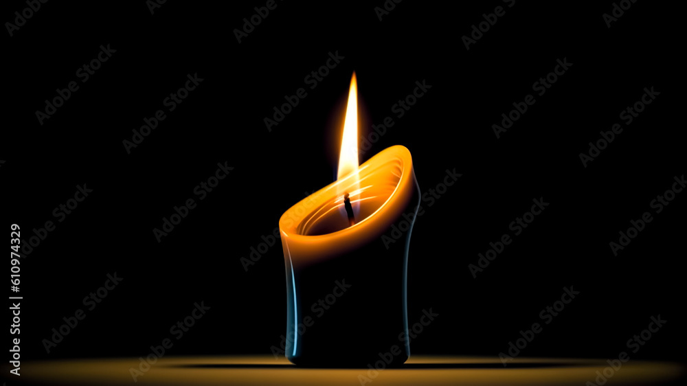 A burning candle on a black background. Generative AI.