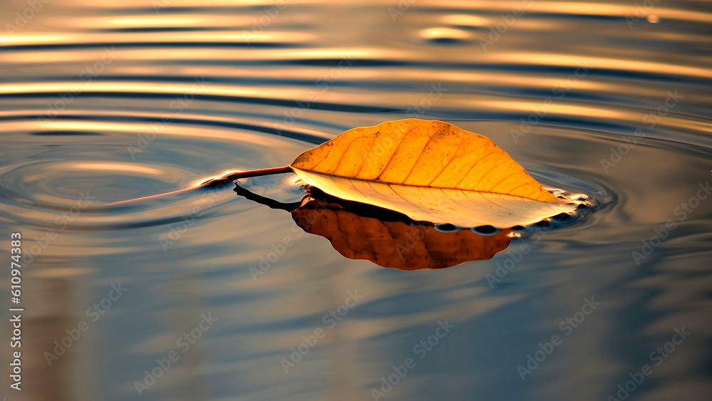 Autumn leaf on the water. Minimalist composition. Generative AI.