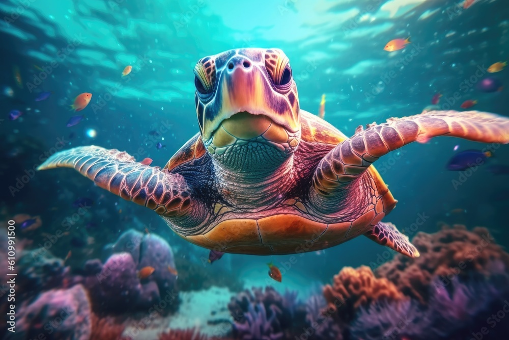 Animals. Sea turtle swimming underwater. Sea creatures. Generative AI.