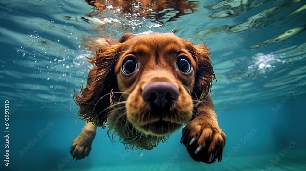 Animal. Cute dog swimming underwater. Pets. Generative AI