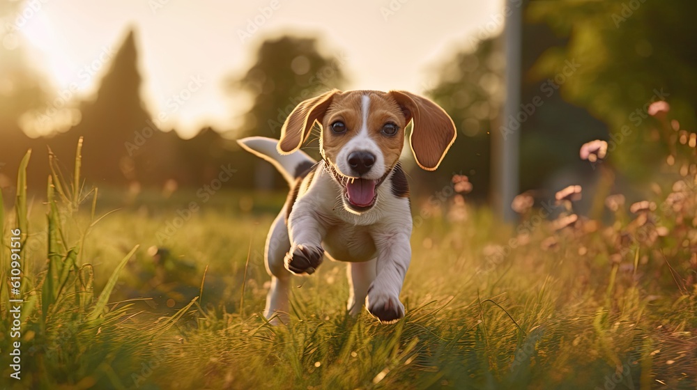 Animal. Cute dog Beagle running in the grass. Pets. Generative AI