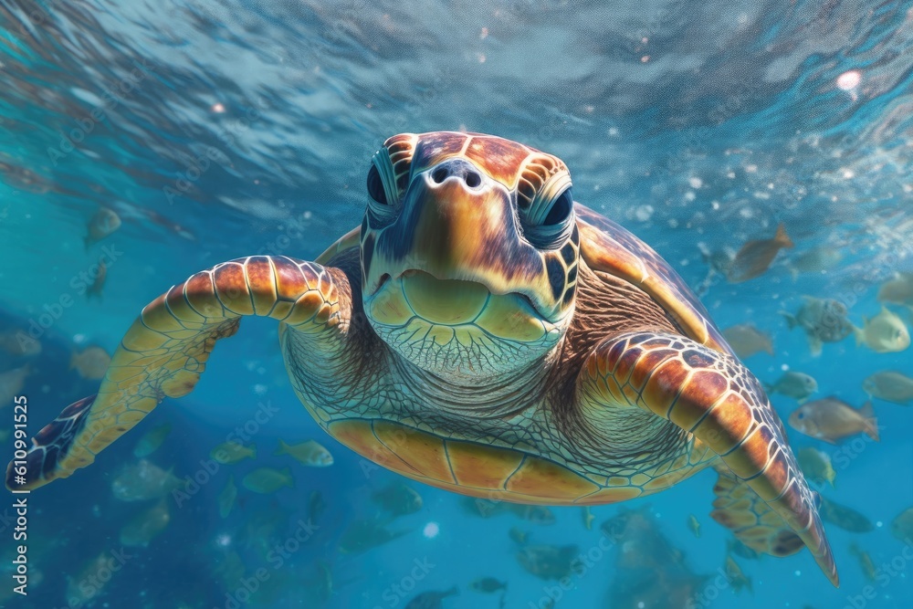 Animals. Sea turtle swimming underwater. Sea creatures. Generative AI.