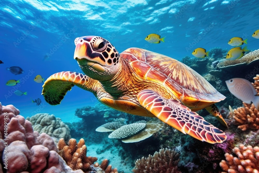 Animals. Sea turtle swimming underwater. Sea creatures. Generative AI.