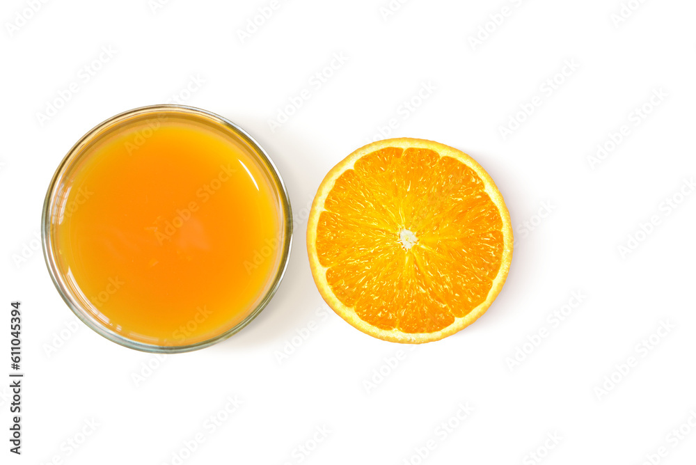 Orange slices and glass of orange juice  top view PNG transparent