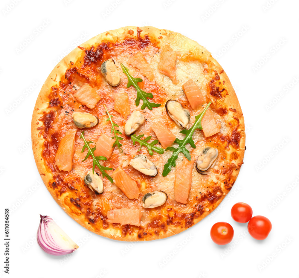 Tasty seafood pizza and fresh vegetables isolated on white background