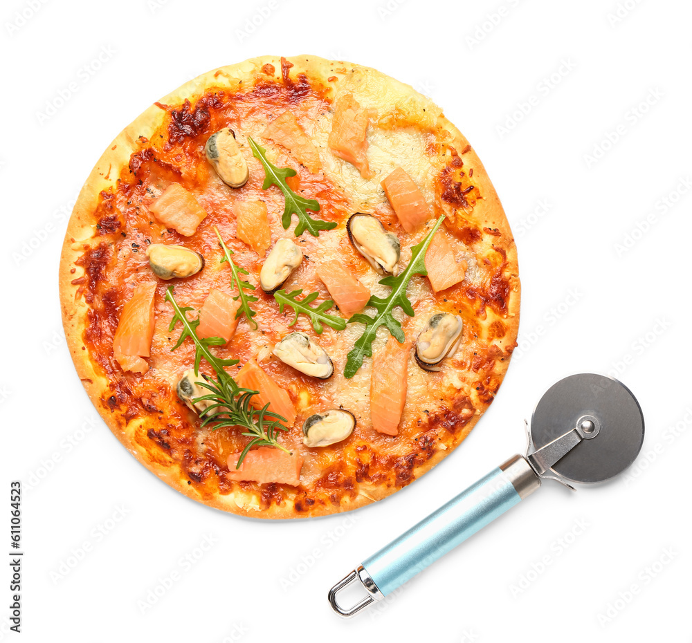 Tasty seafood pizza and cutter isolated on white background