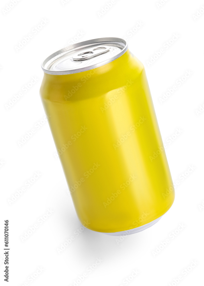 Yellow can of soda on white background