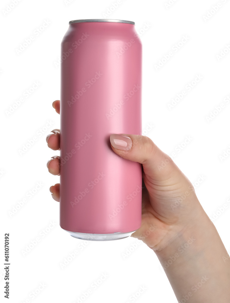 Female hand with can of fresh soda on white background, closeup