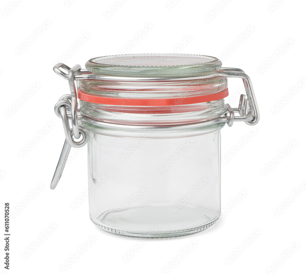 Stylish glass jar isolated on white background