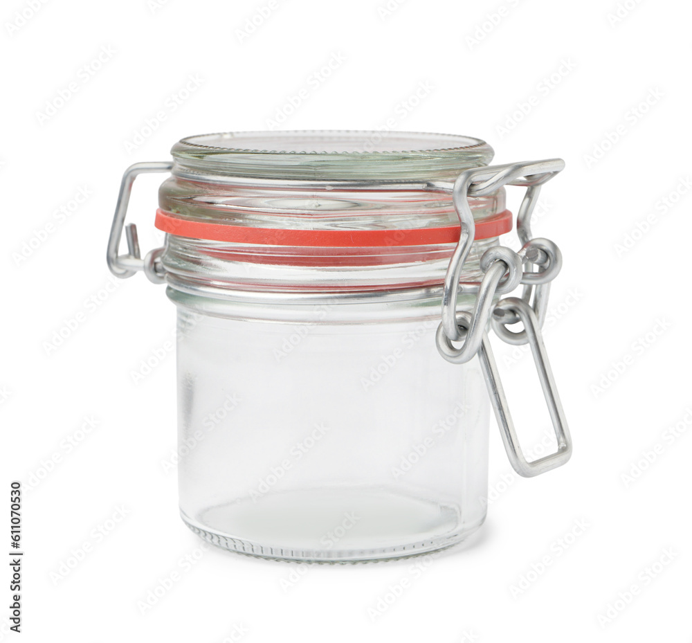 Stylish glass jar isolated on white background